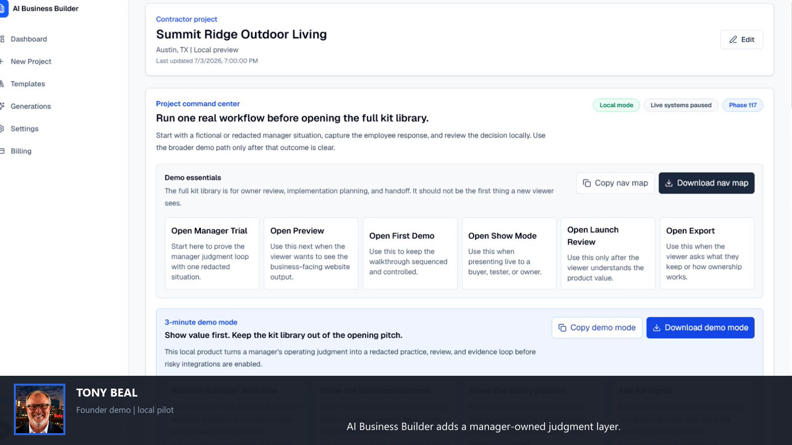 Local Business Builder owner workspace showing team workflow and decision review