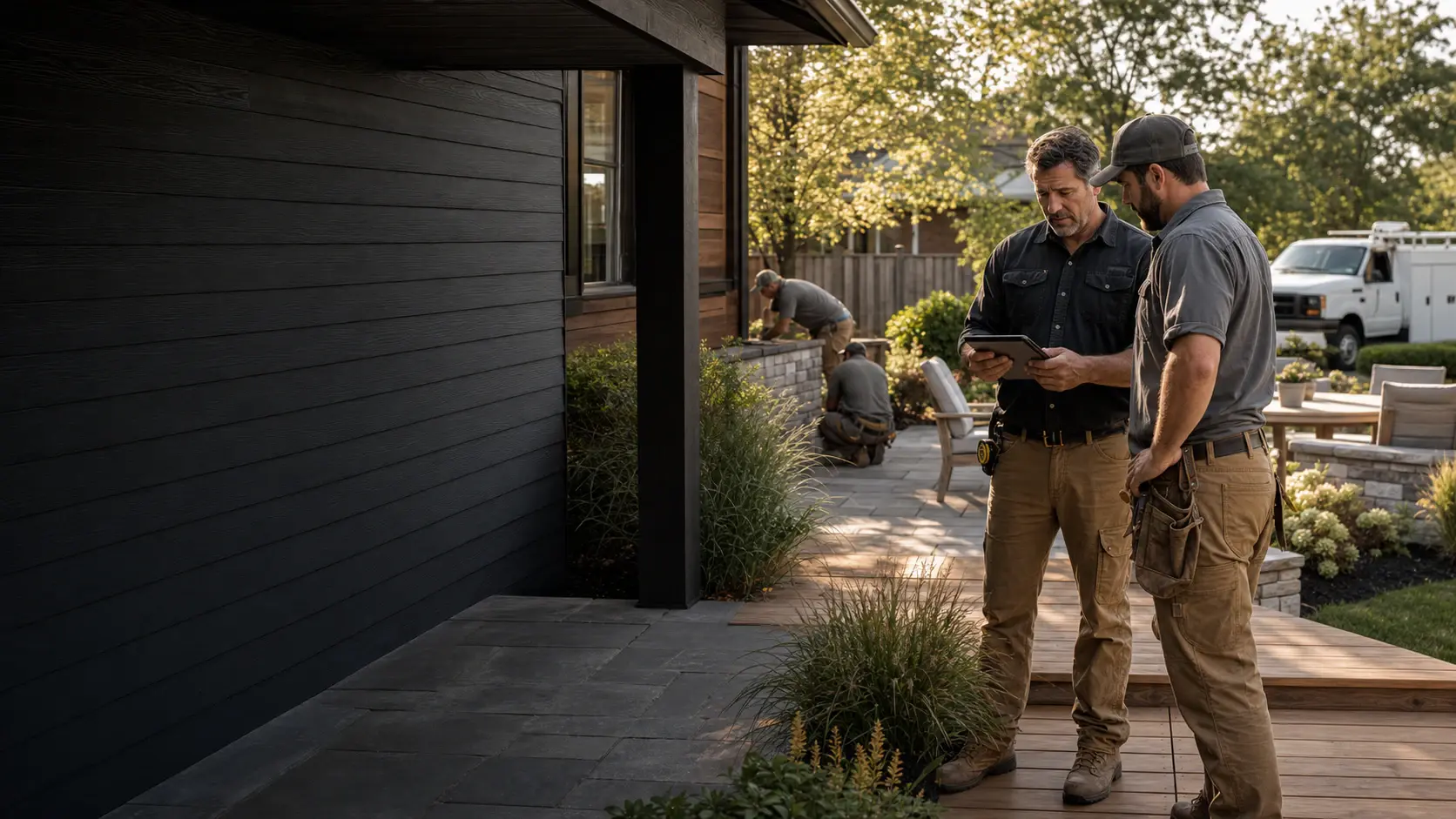 A contractor owner and crew lead reviewing an outdoor renovation while the team finishes the project