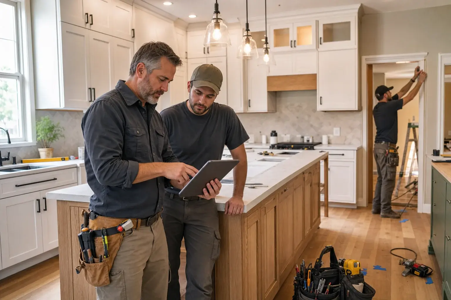 A remodeling company owner and crew reviewing a kitchen project