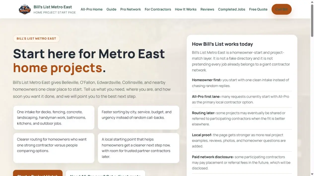 Bill's List Metro East homeowner project-match website
